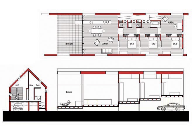 Maison corse : plan, coupes