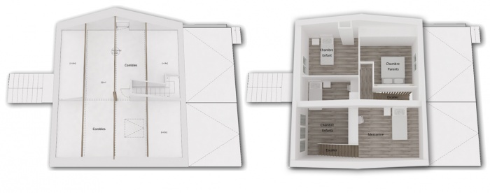 Rnovation + surlvation d'un pavillon : Yeme+saunier-nogent-maquette-3d-etage-avant-apres